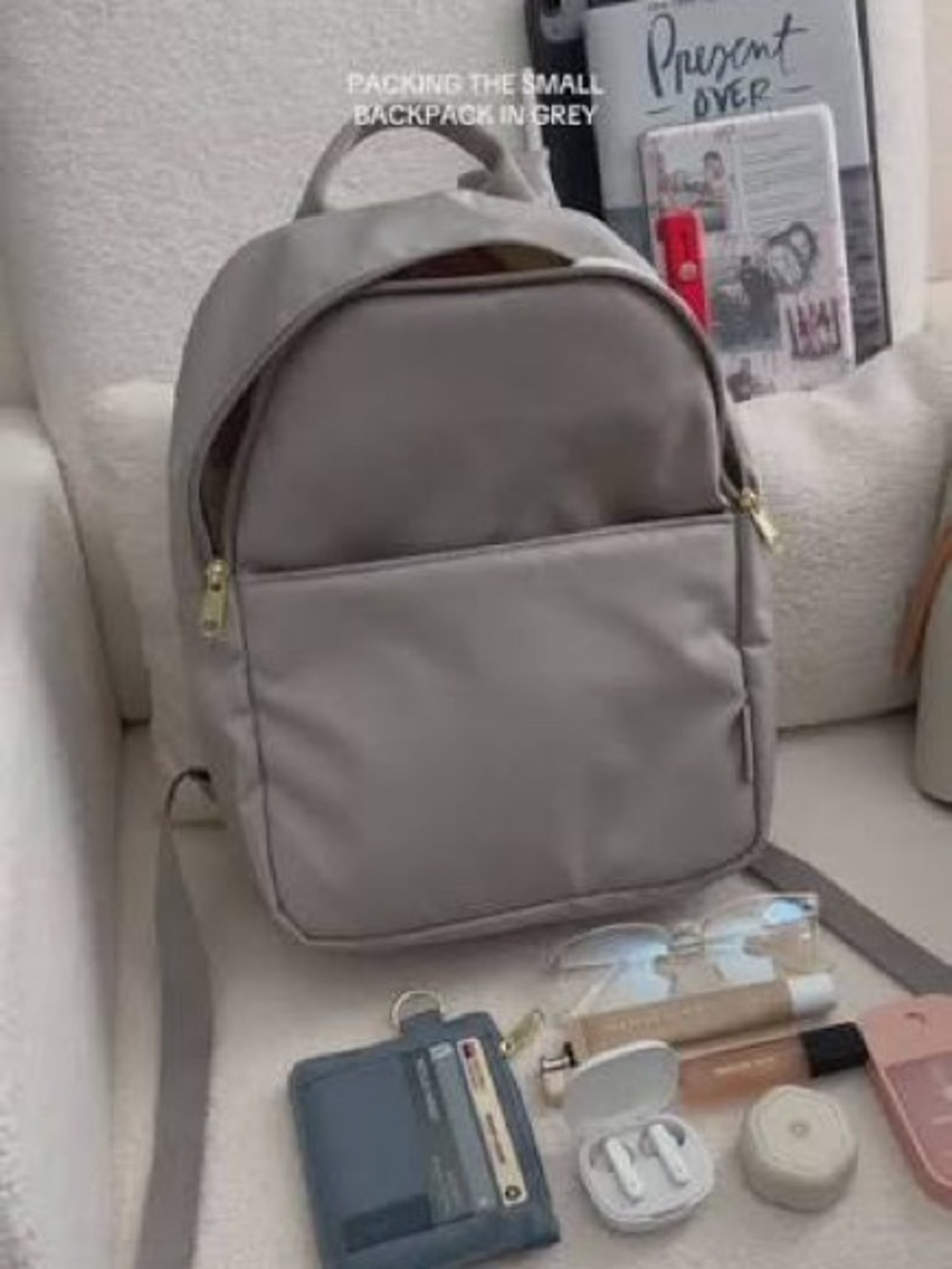 Compact Grey Women’s Backpack with Gold Hardware